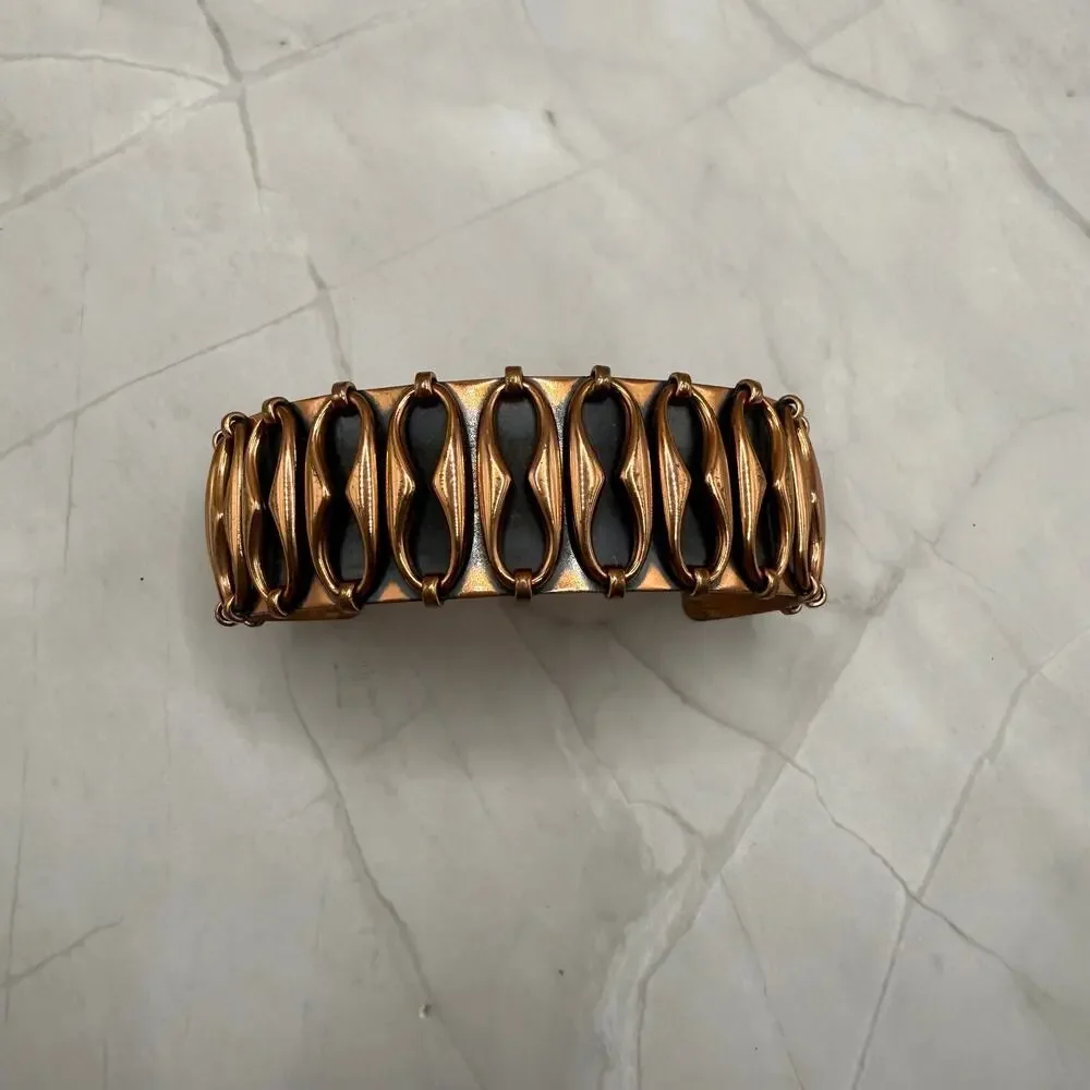 Vintage Copper Black Accent Sculptural Cuff Bracelet MCM Modernist
